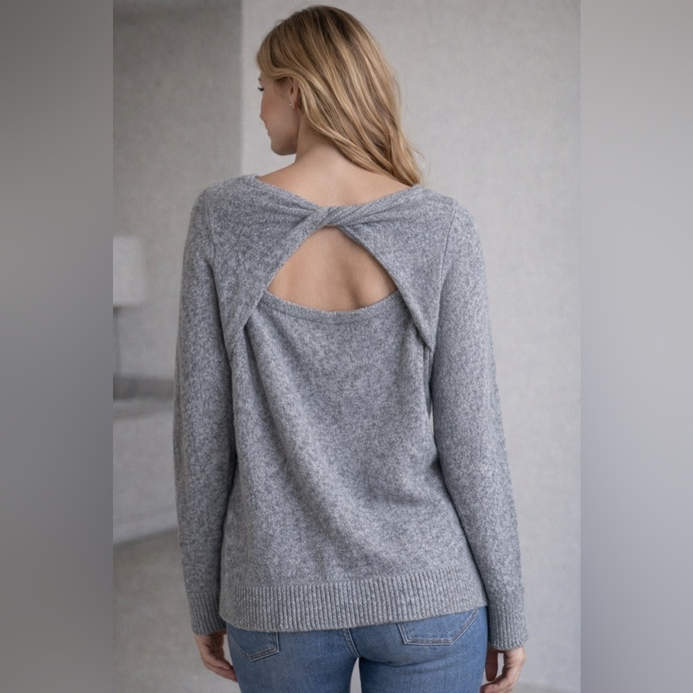 LOFT Heather Gray Ribbed Trim Cotton Blend Knit Sweater. Size-Medium